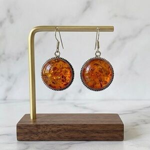 Reconstituted Amber Style Round Drop Earrings Silver Plated